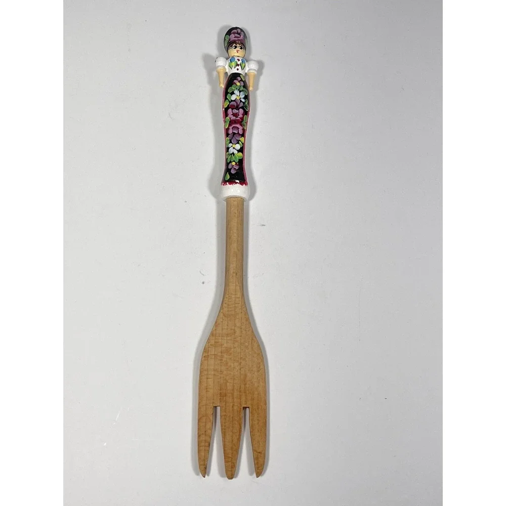 Vintage Hungarian Lady Wood Salad Serving Fork Thong Hungarian‎ Lady Doll